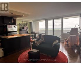 A living room with a black couch and a red rug.