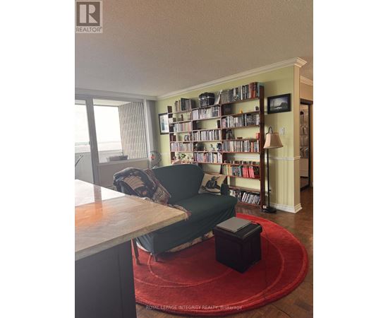 A living room with a green chair and a red rug.