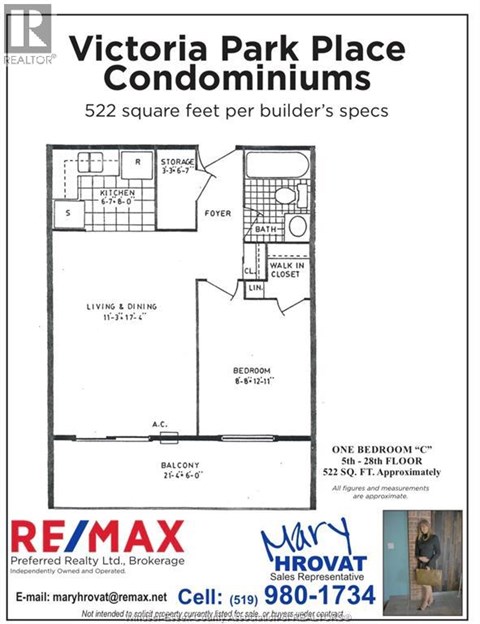 A flyer for Victoria Park Place Condominiums shows a floor plan for a 522 square feet apartment.