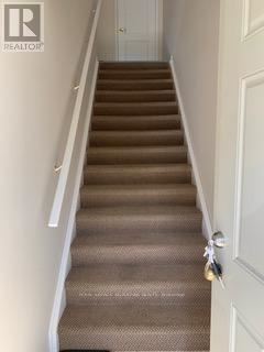 A staircase with a carpeted runner and a white door at the bottom.