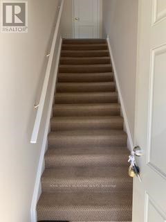 A staircase with a carpeted runner and a white door at the bottom.