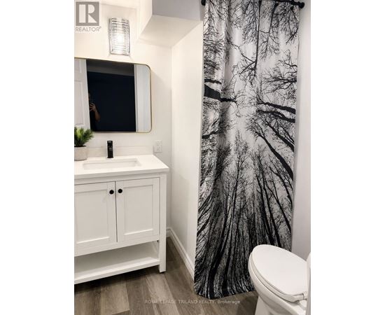 A white bathroom with a toilet, sink, and a shower curtain with a tree design.