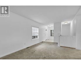 A white room with a carpet floor and a window with blinds.