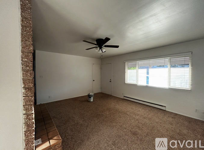 A room with a ceiling fan and carpeted floor.