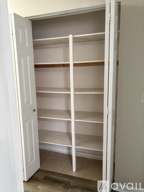 Empty white shelves in a white door.