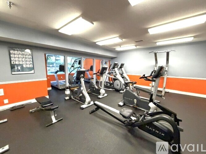 A gym with a variety of exercise equipment including treadmills, stationary bikes, and weight machines.