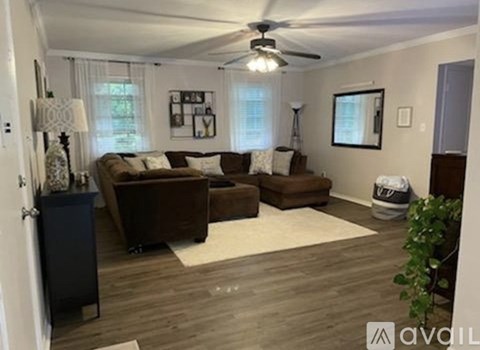 A living room with a brown couch and a white rug.