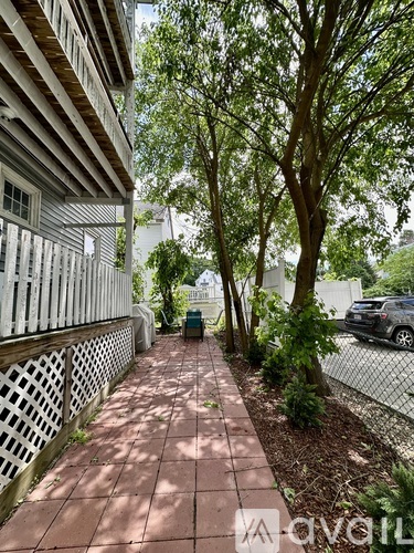 A tree-lined walkway between two buildings.