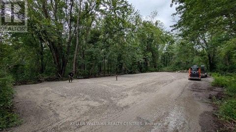 A dirt road with a vehicle on it and trees on both sides.