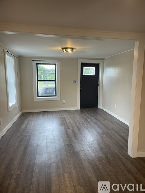 A room with a black door and a window with a view of a green area outside.