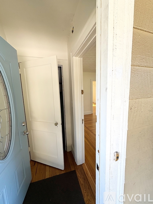 A hallway with a white door and a black mat on the floor.