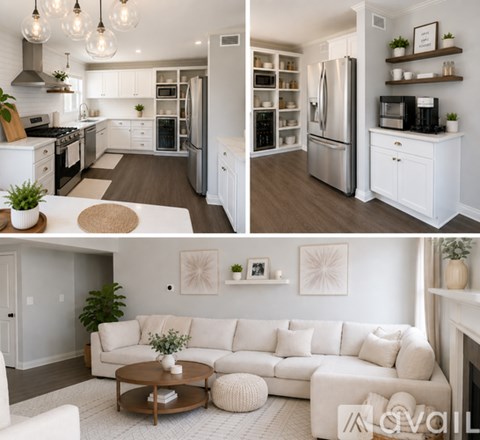 A modern kitchen and living room with white furniture and appliances.