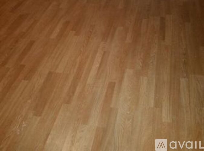 A wooden floor with a logo in the corner.