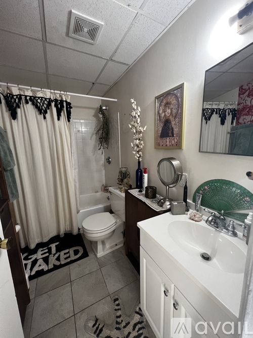 A bathroom with a toilet, sink, and shower curtain.
