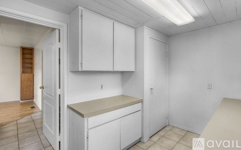 A kitchen area with white cabinets and a countertop.