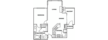 A floor plan of a home showing a living room, dining room, kitchen, two bedrooms, a bathroom, and storage.