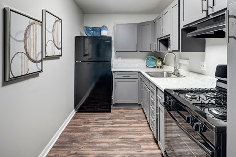 A kitchen with a black refrigerator and a black stove top oven.