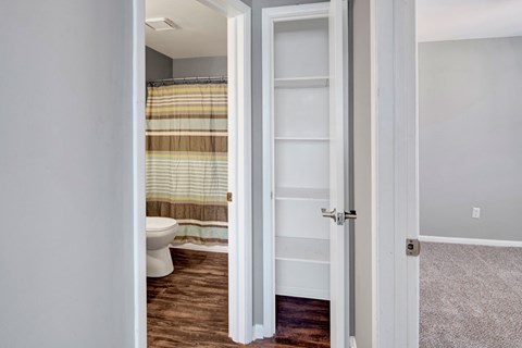 A bathroom with a toilet, a shower curtain, and a door.
