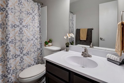 A bathroom with a toilet, sink, and shower curtain.