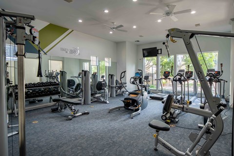 A gym with a variety of exercise equipment including treadmills, stationary bikes, and weight machines.