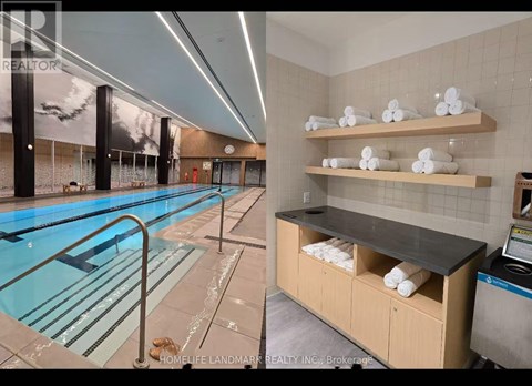 A swimming pool and a towel rack in a room.