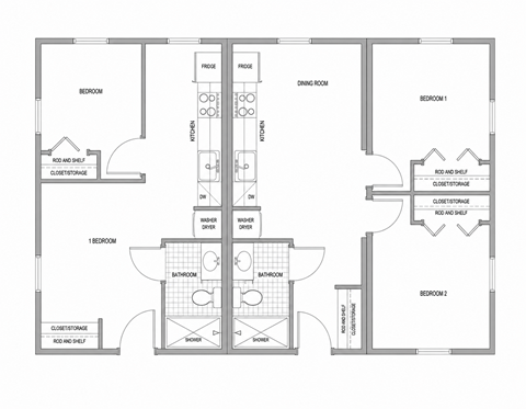 A floor plan of a house with two bedrooms, a dining room, and a bathroom.