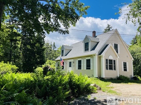 A house with a flag on the front is surrounded by greenery.