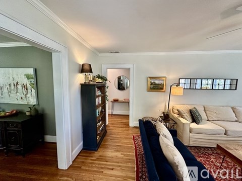 A living room with a white couch and a blue rug.