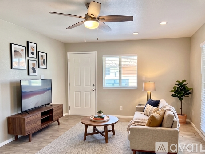 A living room with a television, a couch, a coffee table, and a ceiling fan.