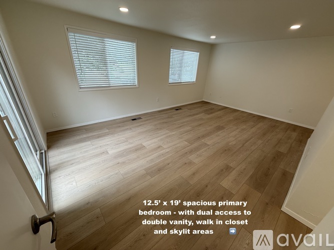 A spacious primary bedroom with a 12.5 x 19 foot area, dual access to a double vanity, walk-in closet, and skylit areas.