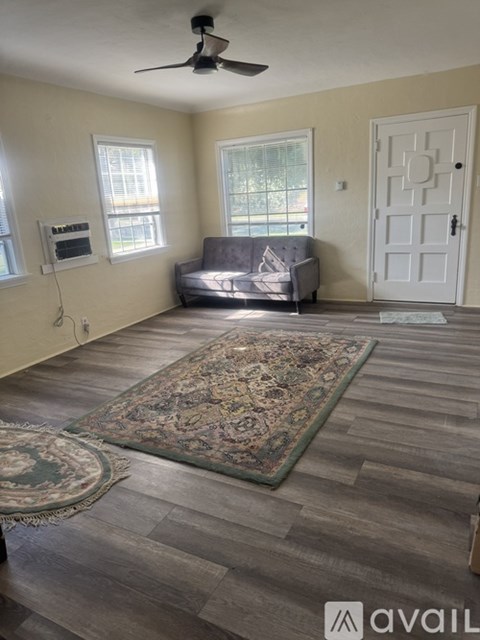 A living room with a grey couch and a rug on the floor.