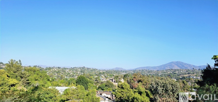 A view of a city from a hill with a mountain in the distance.