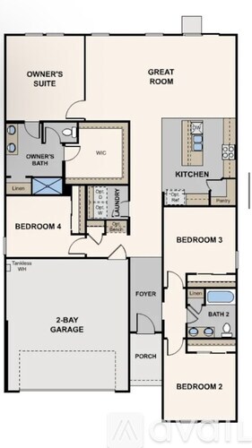 A floor plan of an apartment with a garage and four bedrooms.