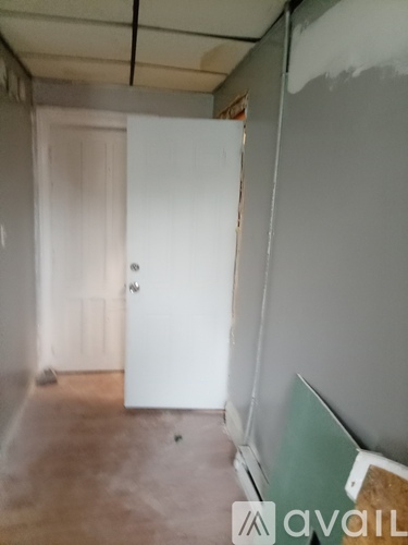 A room with a white door and a white wall with a green object on the floor.