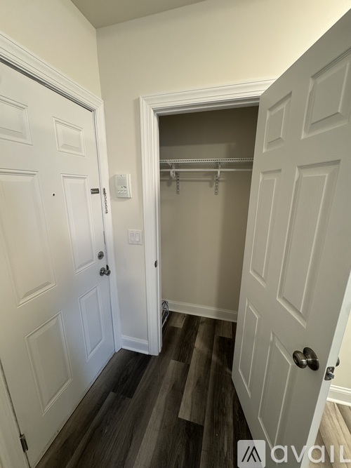 A hallway with two doors and a coat closet.