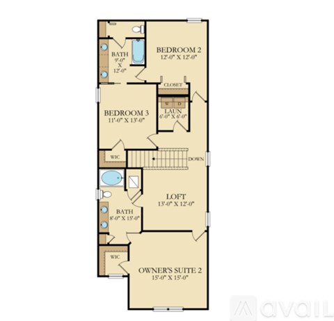 A floor plan of an apartment with three bedrooms, a laundry room, and a loft.