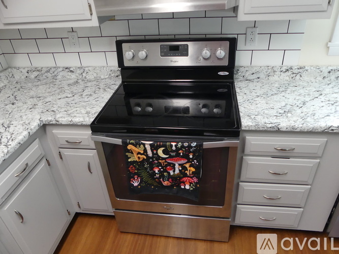 A black stove top oven with a decorative baking sheet on it.