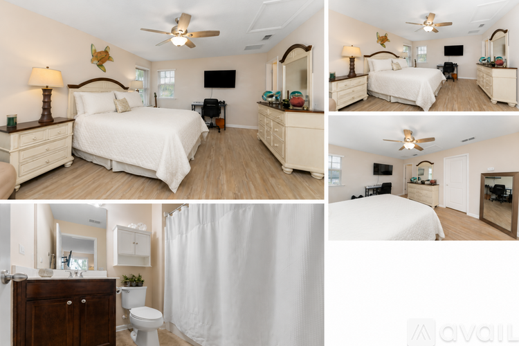 A series of images showcasing a well-furnished bedroom with a bed, dresser, mirror, and bathroom.