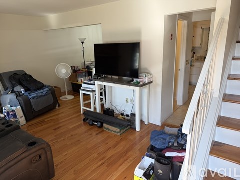 A living room with a television and a fan.