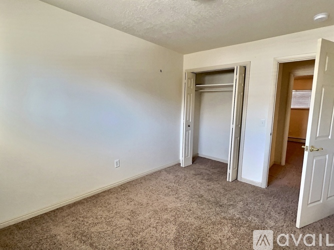 A room with a carpeted floor and two doors, one of which is open.