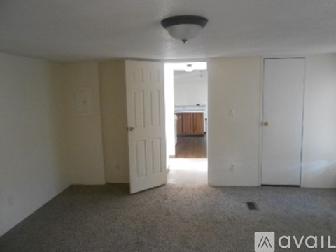 A room with a carpeted floor and three doors.