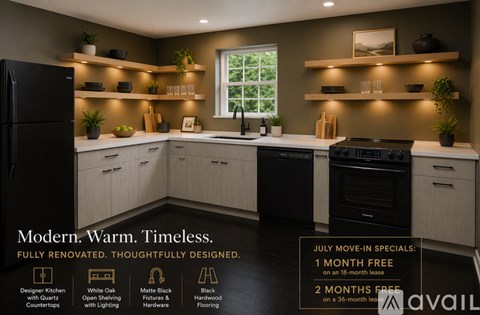 A modern kitchen with a black refrigerator and white cabinets.