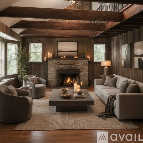 A cozy living room with a fireplace and a couch.