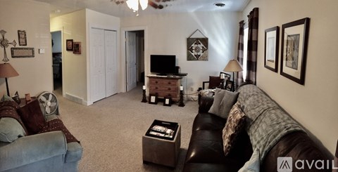 A living room with a grey couch and a brown leather couch.