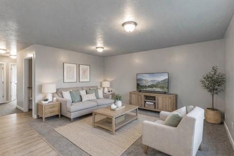 A living room with a grey couch, a wooden coffee table, and a flat screen TV on a wooden stand.
