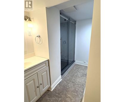 A bathroom with a walk-in shower and a white vanity.
