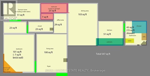 A floor plan for a property with a total area of 547 square feet, including a living area, kitchen, dining area, and multiple bathrooms.