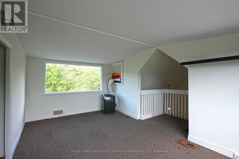 A room with a carpeted floor and a window with a view of trees.