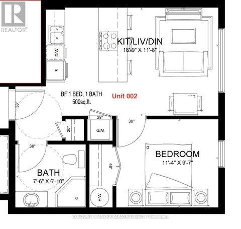 A floor plan for a home with a bedroom, bathroom, and kitchen.