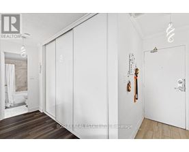 A white bedroom with a large closet and a bed in the background.
